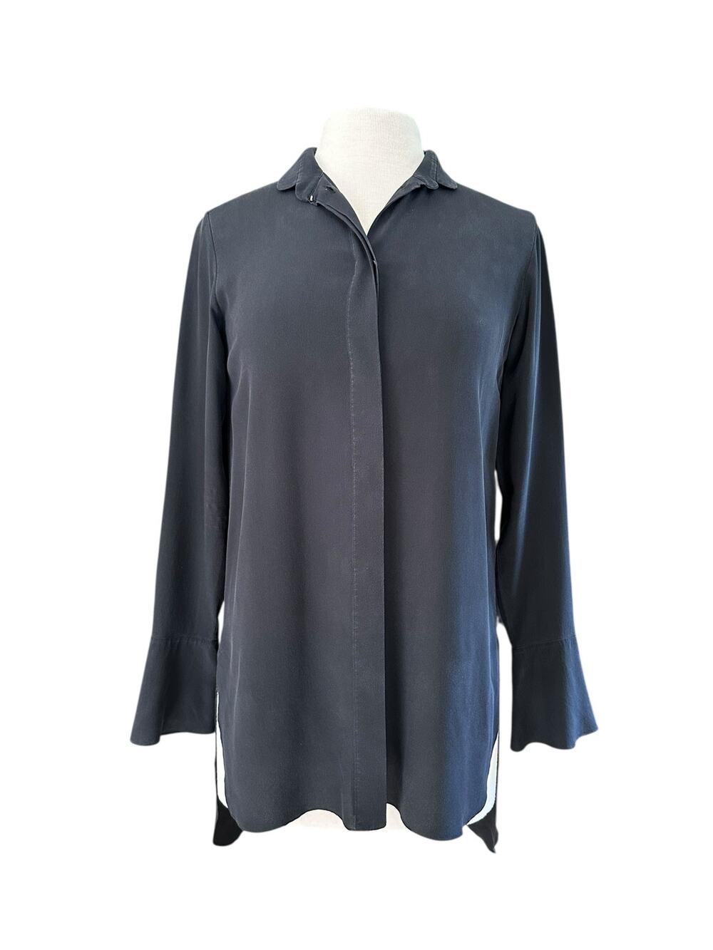 Vintage Chloe Silk Soft Black Bell Sleeve Oversized Tunic Button Down Blouse XS